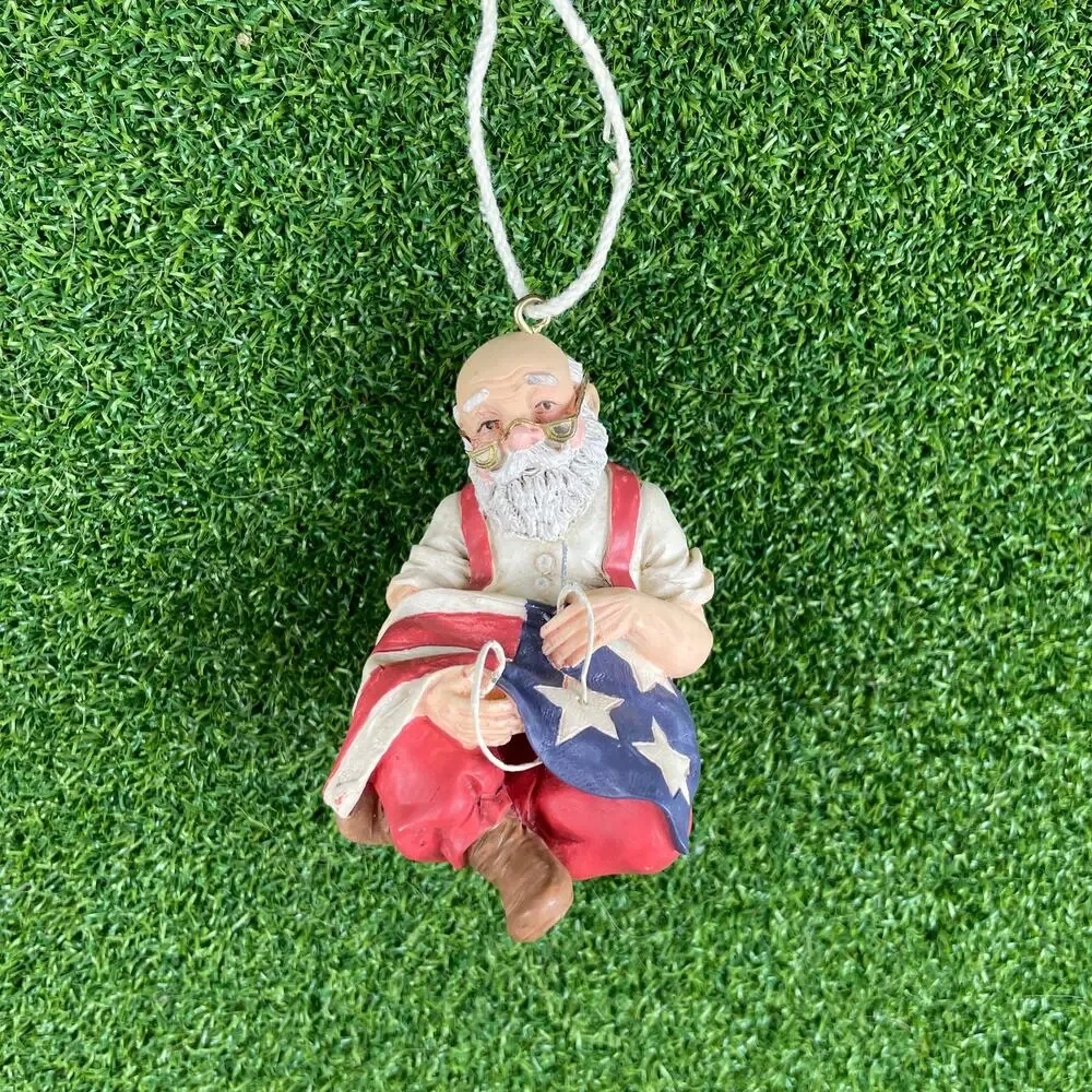 Vintage Santa Claus Sewing American Flag Patriotic Holiday Christmas Ornament